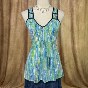 Vintage Y2K Tank Top Geometric Print Racerback Handkerchief Hem Multicolor Boho